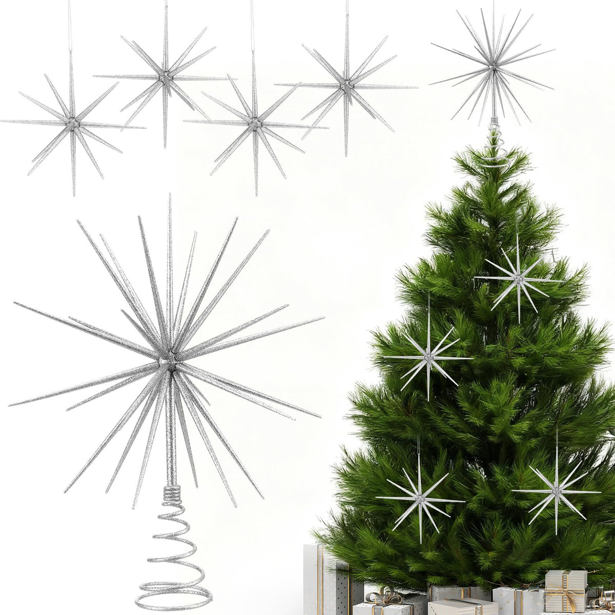 Leinuosen 5 Pcs Glitter Starburst Christmas Ornaments Include 4 Pcs 8'' Exploding Star Hanging Tree Ornament with a Large 13.7'' Starburst Christmas Tree Topper Xmas Holiday Tabletop Decor(Silver)