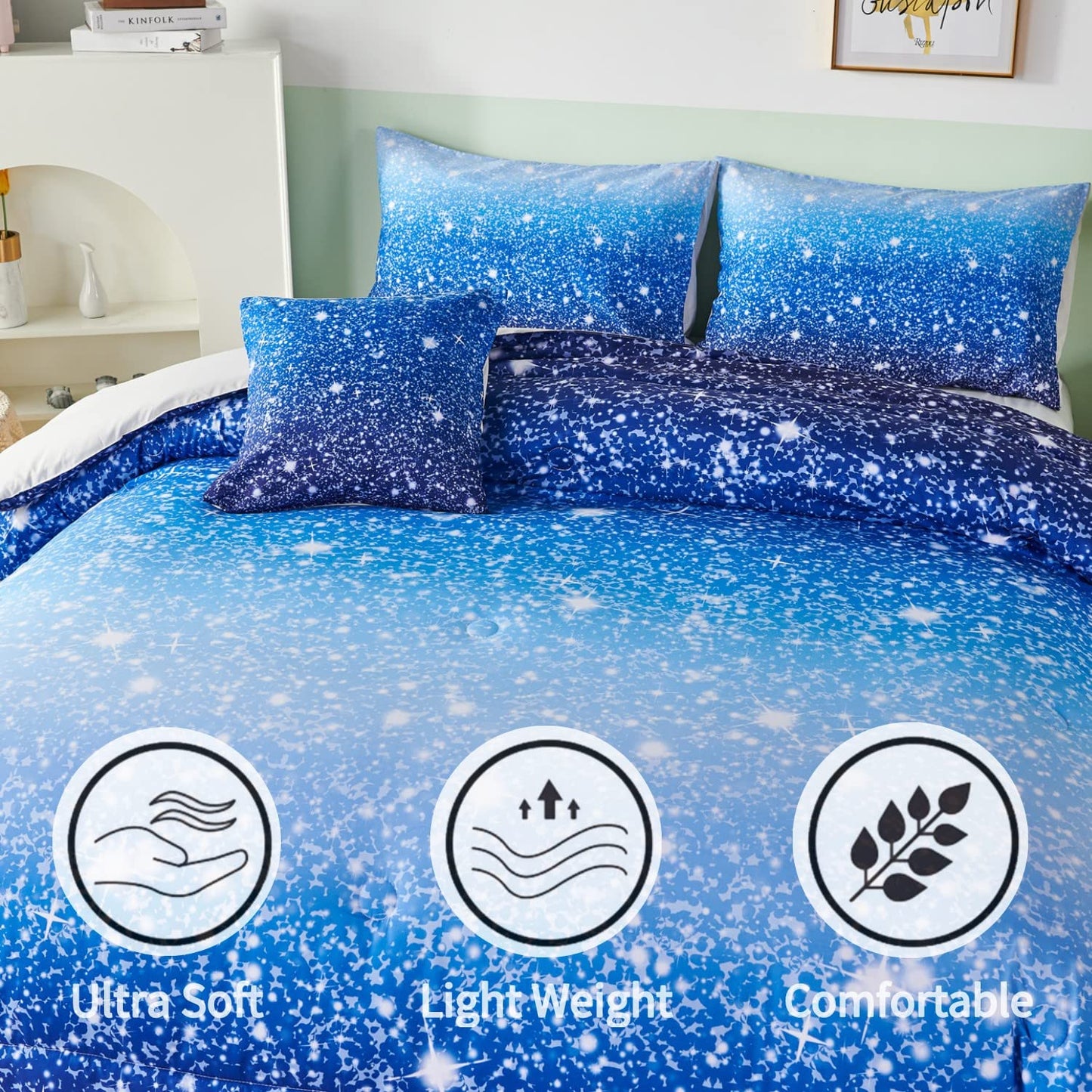 RYNGHIPY 6Pcs Gradient Aqua Blue Navy Ombre Comforter Sets with Sheets Pillowcases, Twin Size Sparkle Glitter Design Comforter Bedding Collections for Kids Boys and Girls