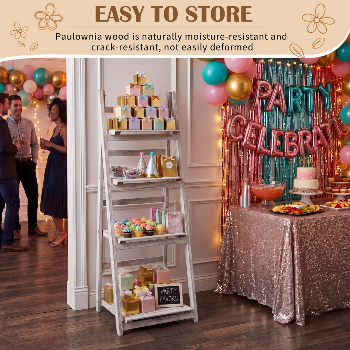 Sintuff White Wooden 4-tier Foldable Ladder Shelf, Sturdy Dessert & Snack Display Stand for Birthday Party & Wedding, Indoor Stand Corner Storage Bookshelf, Rustic Storage Rack, No Tool Assembly