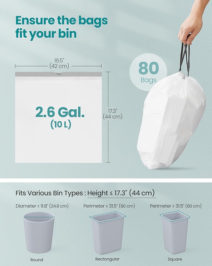 SONGMICS Trash Bags for 2.6-Gallon Trash Cans, Drawstring Kitchen Garbage Bags