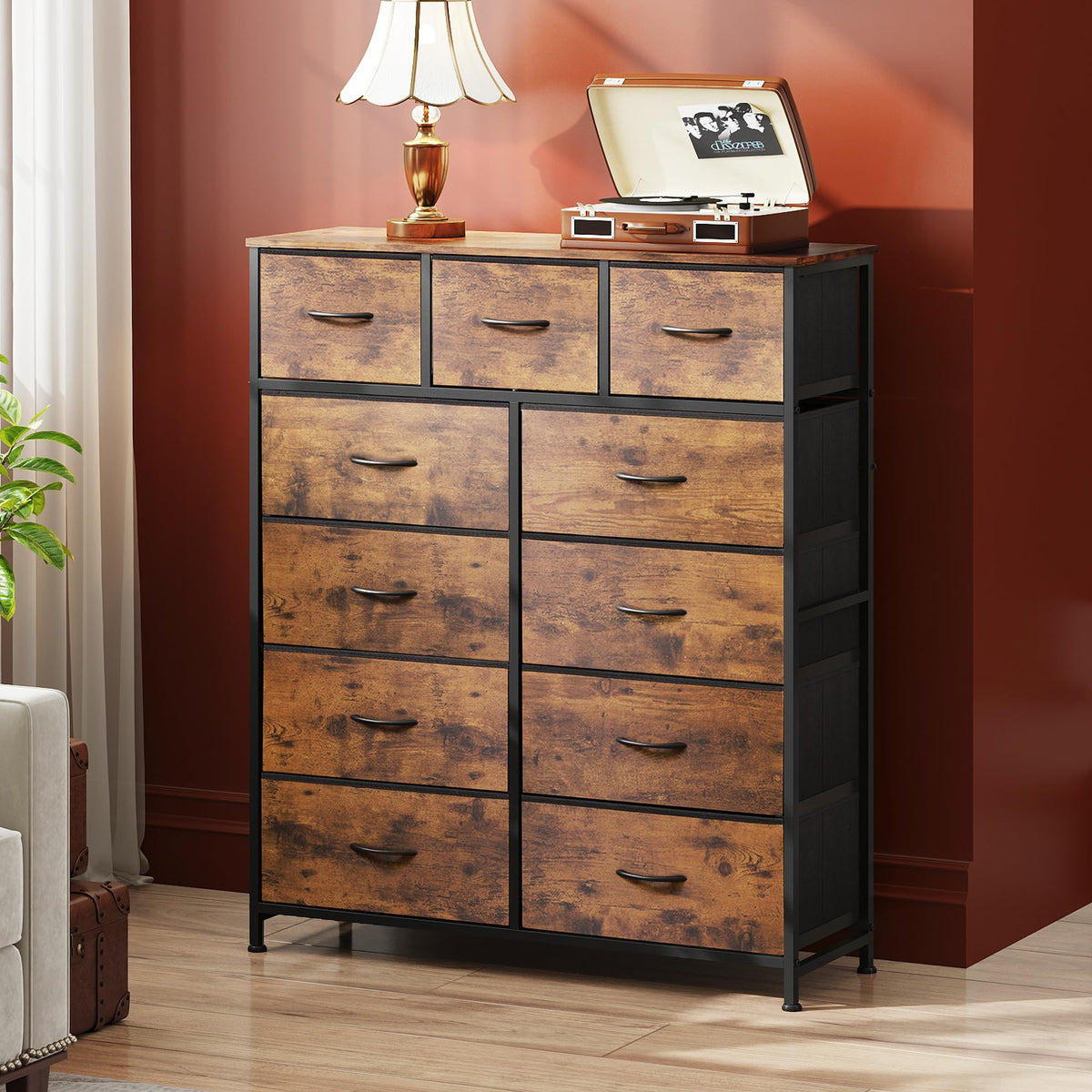 WLIVE Tall Dresser for Bedroom, Fabric Dressers Storage Tower, Dresser & Chest of Drawers Organizer Unit with 11 Drawers, Storage Cabinet, Hallway, Closets, Steel Frame, Wood Top, Rustic Brown