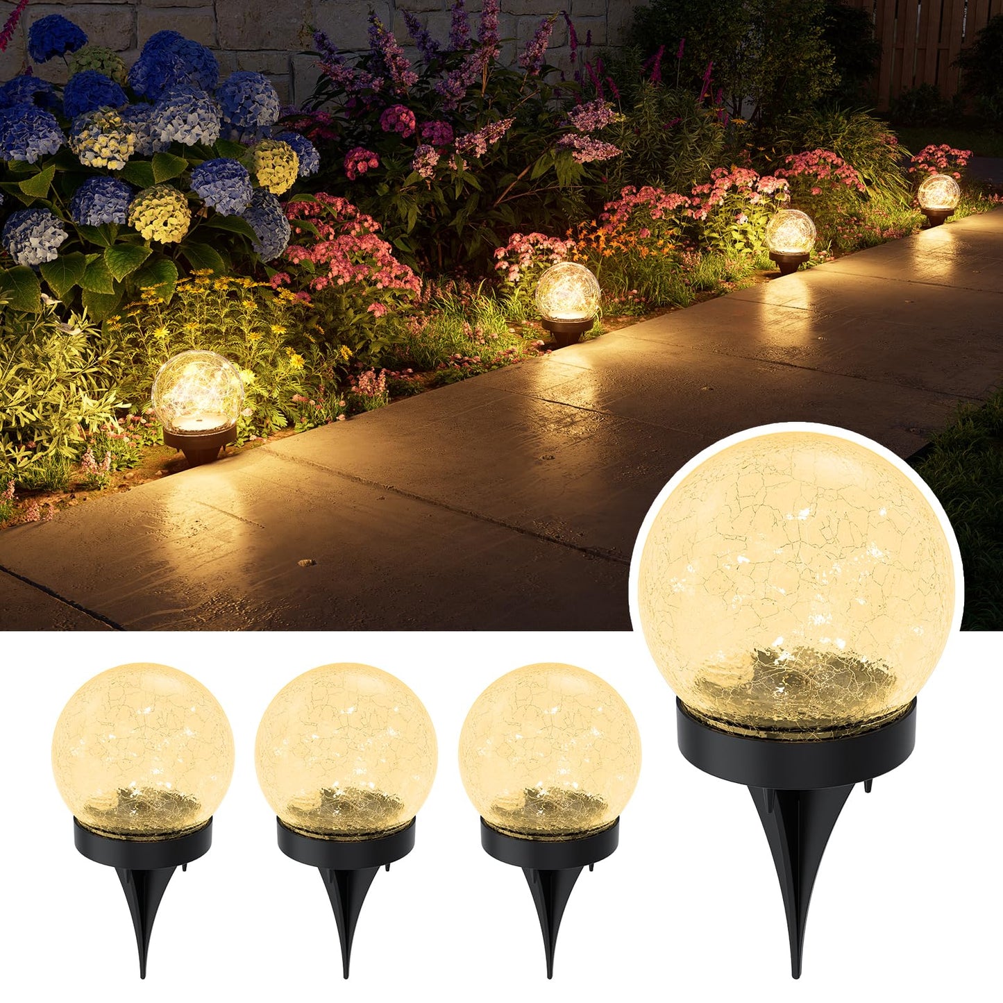 4 Pack Solar Powered Cracked Glass Globe LED Lights Outdoor Waterproof Decorative Table Ball Lamps for Outside Garden, Patio, Yard, Deck, Pathway, Backyard Decoration Easy to Install (Warm White)