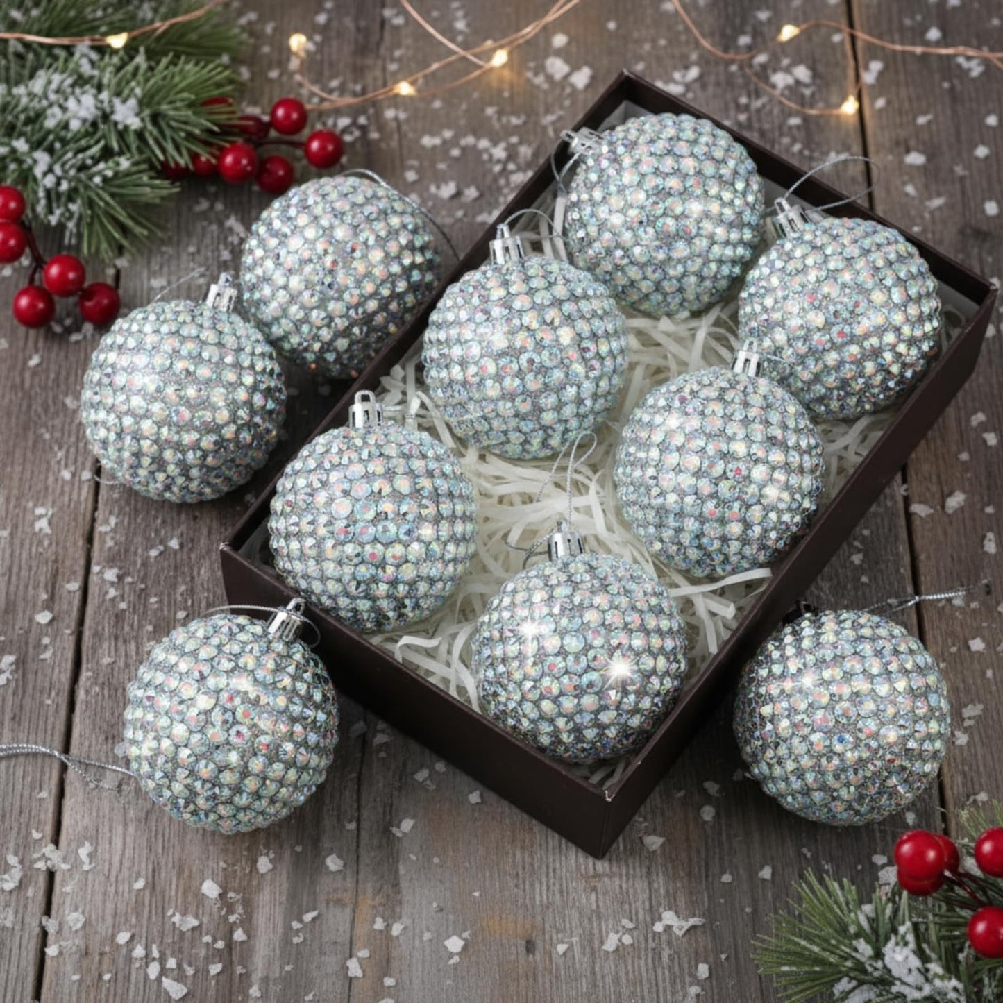 Sosation 12 Pcs Rhinestone Christmas Ornaments Ball 2.36 Inch Sparkly Glitter Christmas Tree Decoration Silver Glitter Xmas Hanging Balls for Xmas Gifts Home Decoration Wedding Party