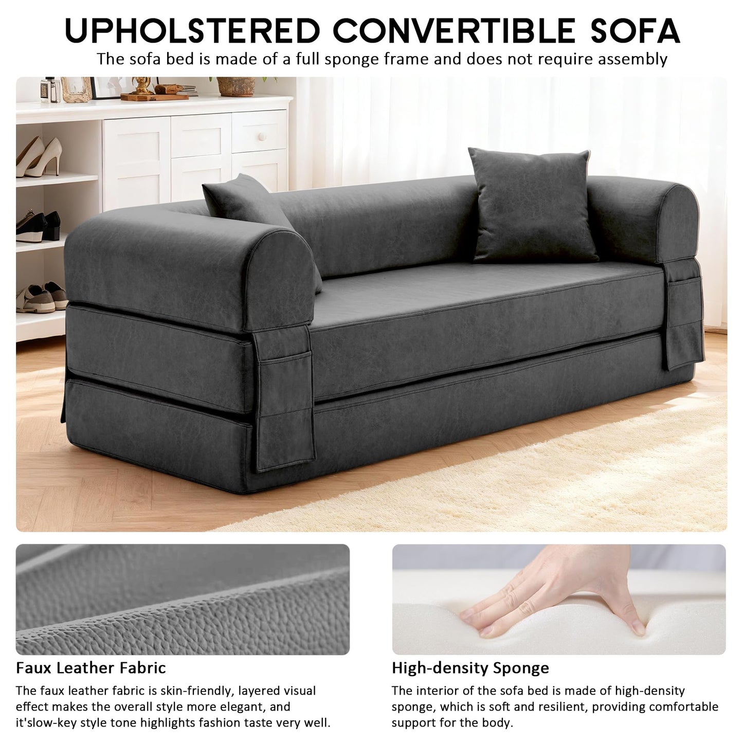 78.5" Convertible Sleeper Sofa Bed, Faux Leather Folding Floor Sofa with Pullout Bed&2 Pillows, No Assembly Modern Boneless Couch Compression Sofa in Box with Storage Pocket for Living Room, Gray