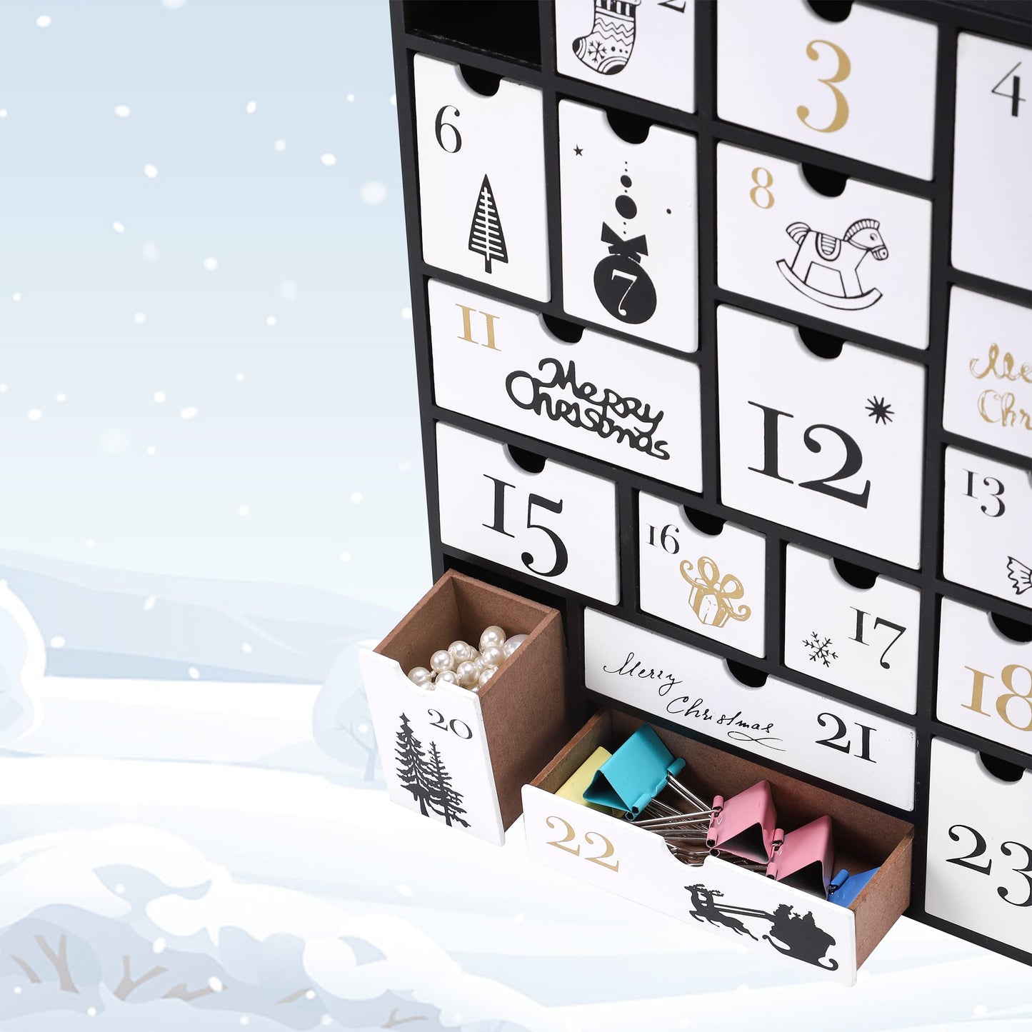 SUNGIFT Wooden Advent Calendar, Christmas Countdown Calendar Boxes with 24 Drawers and Numbers to Fill 2025, DIY Reusable Advent Calendar Decoration Xmas Gift for Kids, Adults, Family, Friends