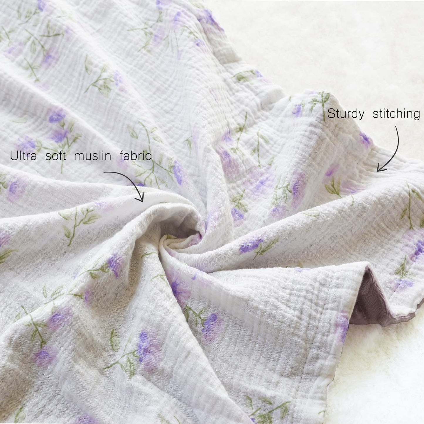 BOPRIO Baby Blankets for Unisex Boys Girls Super Soft Nursery Minky Blankets with Breathable Muslin Cotton Front and 3D Touch Dotted Fleece Backing, Floral Printed Bed Throws Newborn 30 x 40 Inch