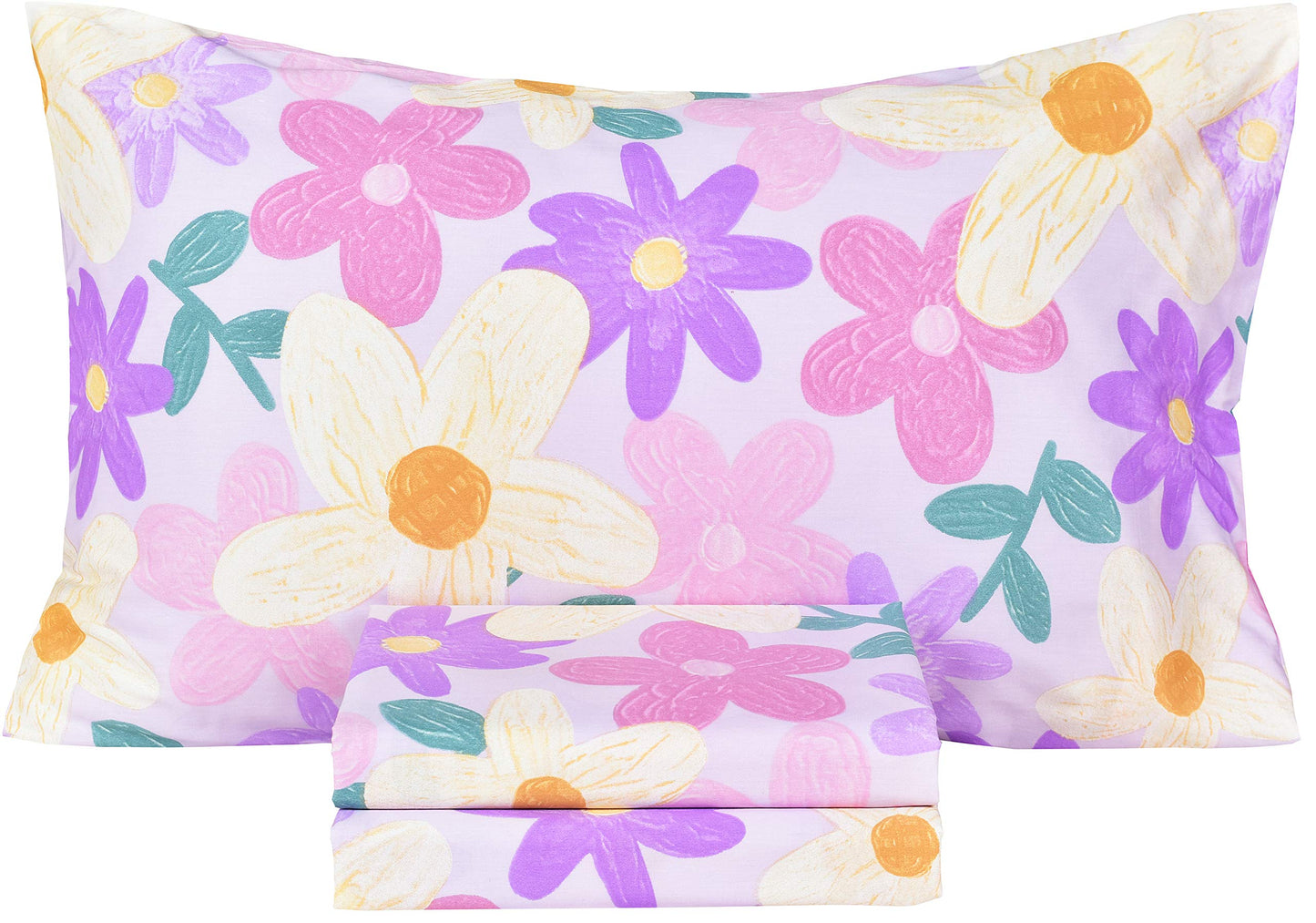 Scientific Sleep Purple Flower Painting Girls 100% Cotton 3 Pcs Twin Bed Sheet Set Kids Toddler Teen, Flat Sheet & Fitted Sheet & Pillowcase Kids Bedding Set (Floret, Twin)