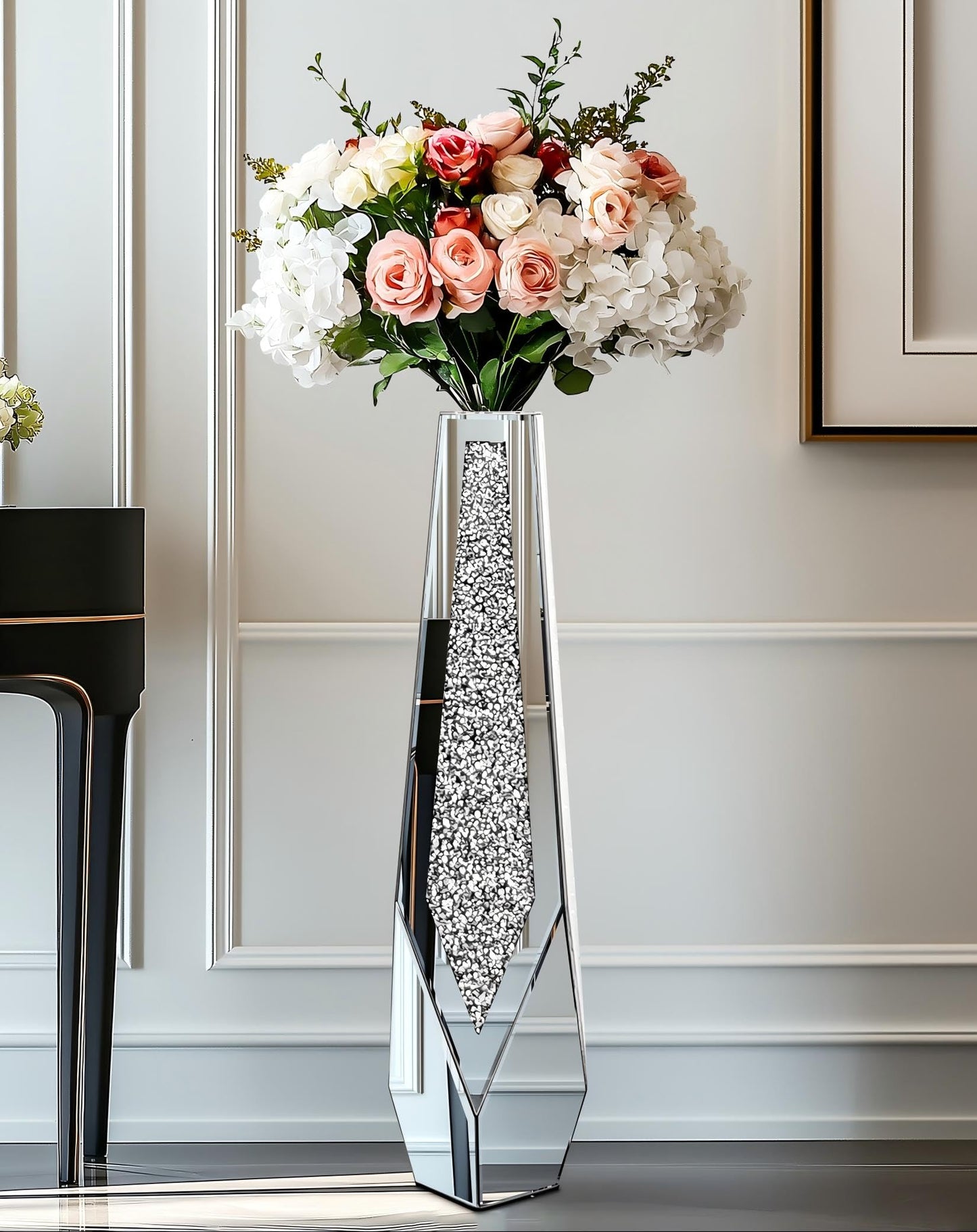 Artloge Mirror Floor Vase Crushed Diamond Silver Bling Centerpiece 33.6 inch Tall