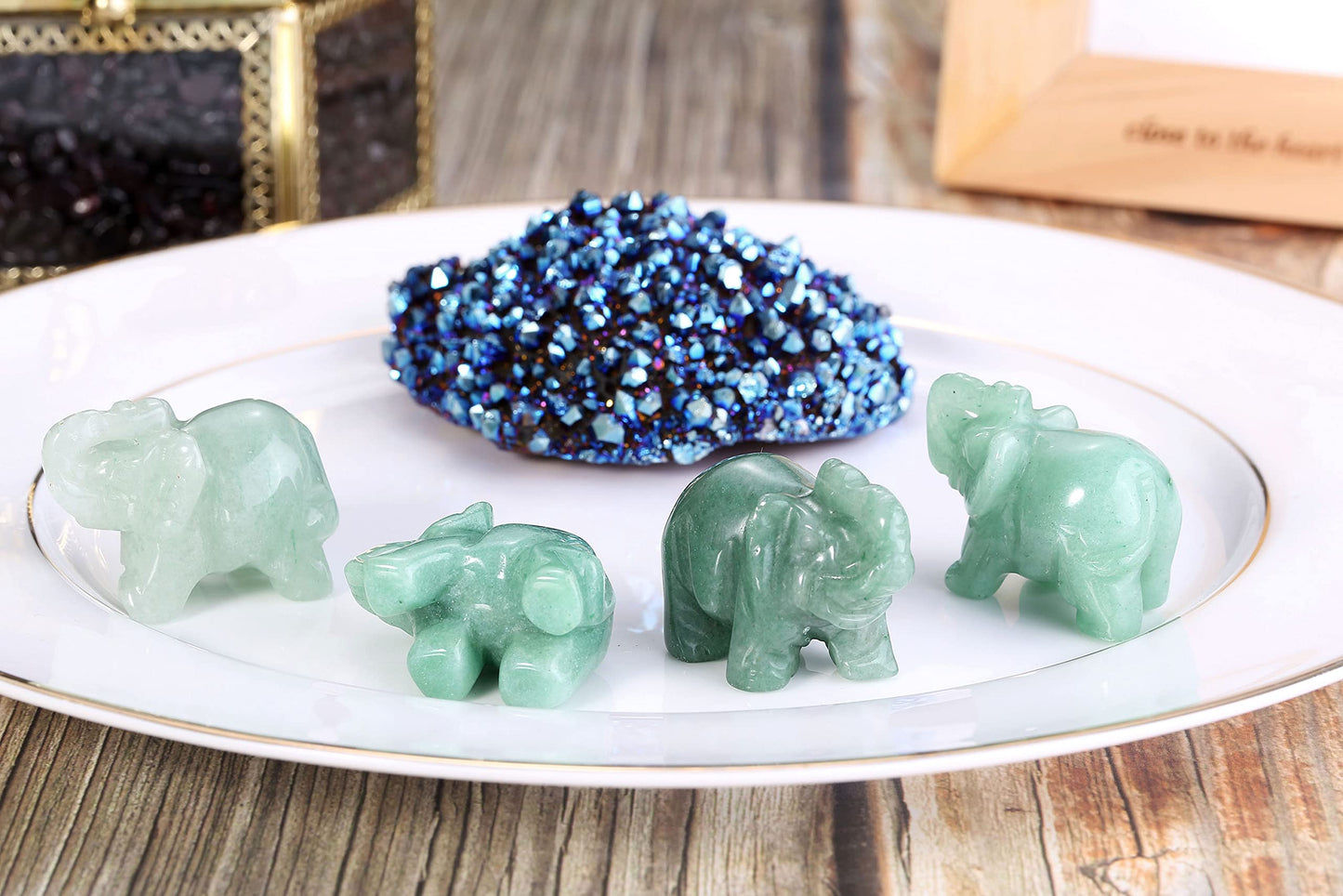 Jovivi 2 Pcs Natural Carved Healing Gemstones Crystal Elephant Figurines Statues 1.5'' Home Room Decor Desk Decoration Christmas Ornaments in Gift Box - Green Aventurine