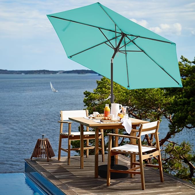 JEAREY 7.5FT Patio Umbrella Market Table Umbrella with 6 Sturdy Ribs, Push Button Tilt/Crank Outdoor Umbrella for Garden, Deck, Backyard, Pool and Beach,Teal Blue