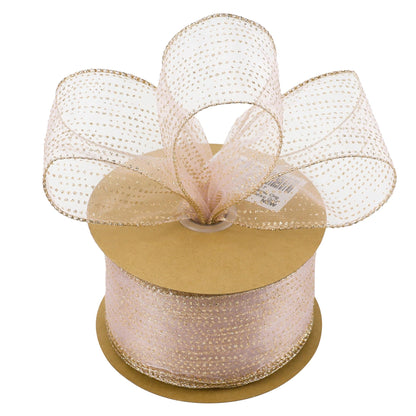 MEEDEE Rose Gold Sheer Glitter Wired Ribbon 2.5 Inch Horizontal Stripes Polka Dot Christmas Ribbon Organza Sheer Glitter 25 Yards for Christmas Tree, Wreath, Bow Making