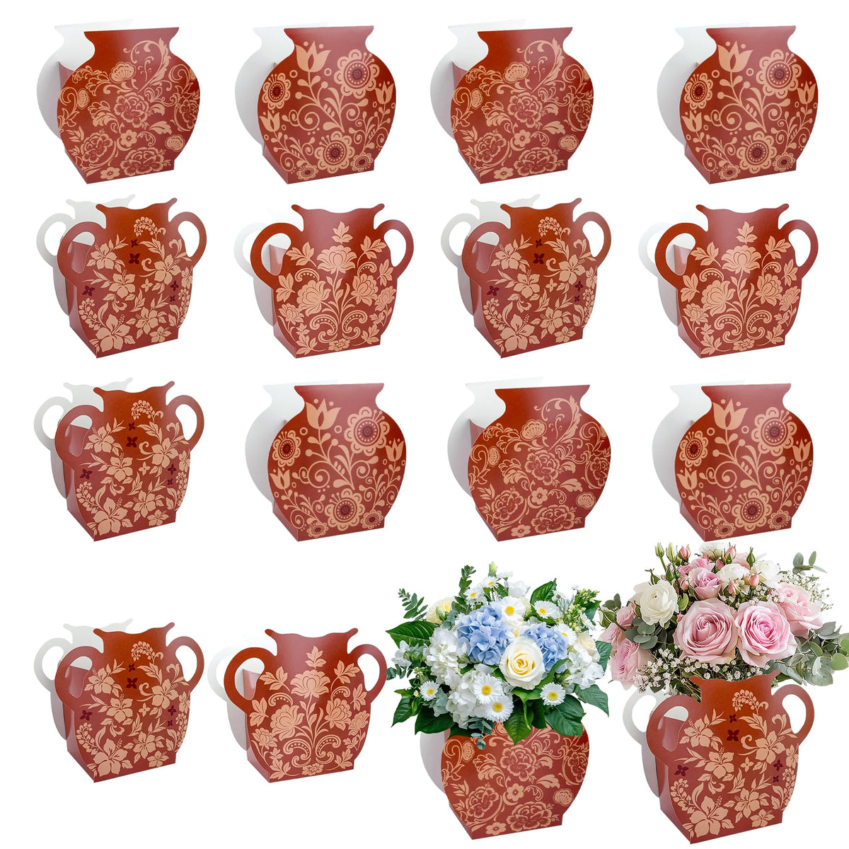 12 Pack Cielito Lindo Barro Paper Vases - Mexican Talavera Style Centerpieces for Cinco De Mayo, Fiesta, Wedding & Birthday Tables