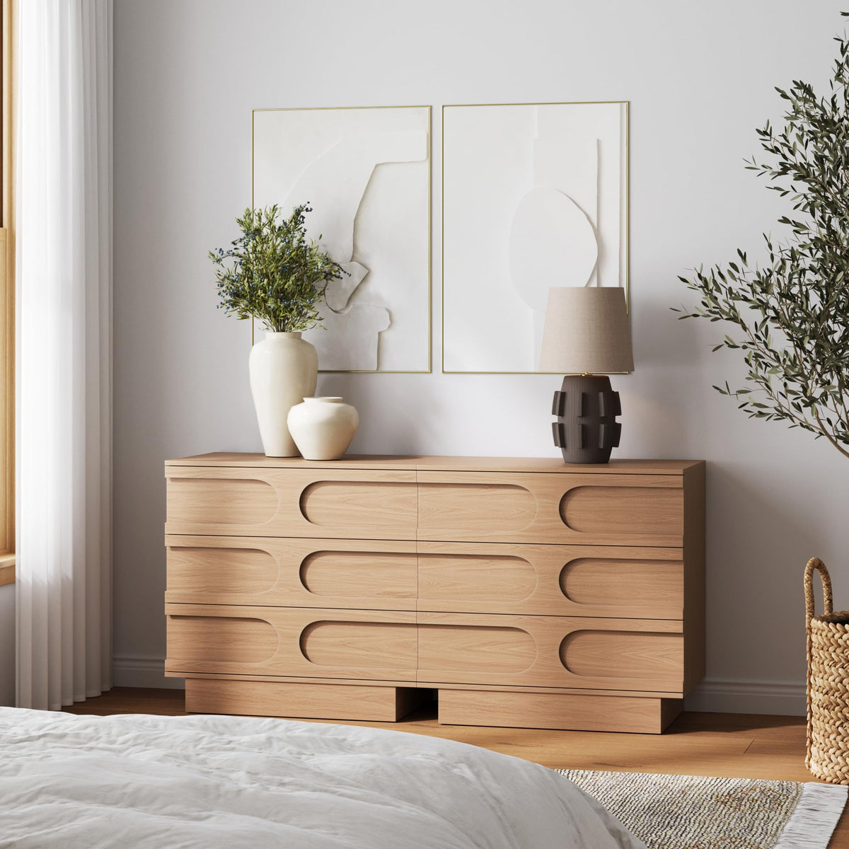 Nathan James Iris 3 Drawer Dresser, Mid-Century Modern Solid Wood Dresser for Bedroom, Raw Oak