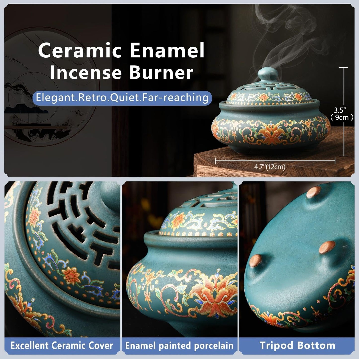 plainele Ceramic Incense Burner with Incense Holder+ Fireproof Cotton,Handmade Smudging Burn Bowl for Stick or Coil Incense,Sage Cones,Frankincense and Mosquito Incense (Enamel)