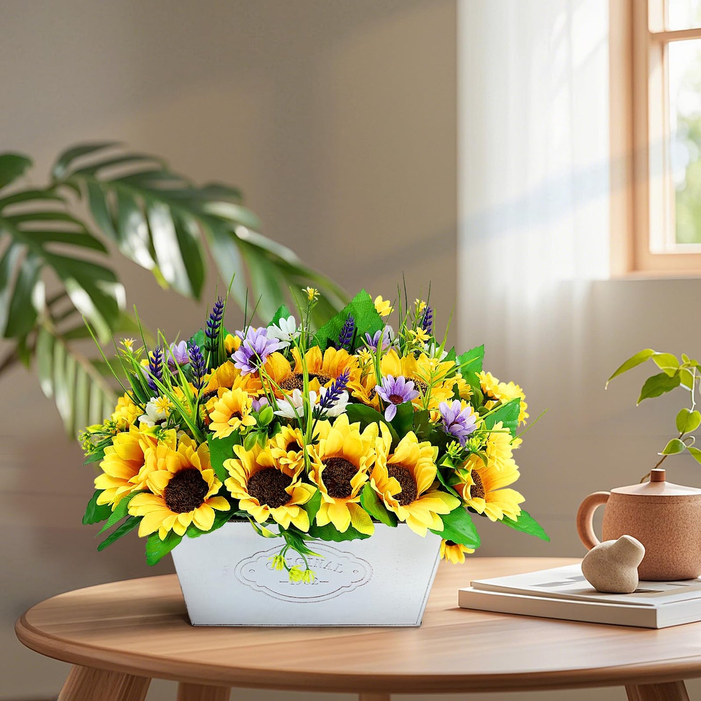 Scawim Pre-made Sunflower Centerpieces for Tables, Farmhouse Artificial Sunflowers Centerpieces in Pot Fake Sunflowers Arrangement for Home Decor, Rustic Potted Greenery for Wedding Party Kitchen Room