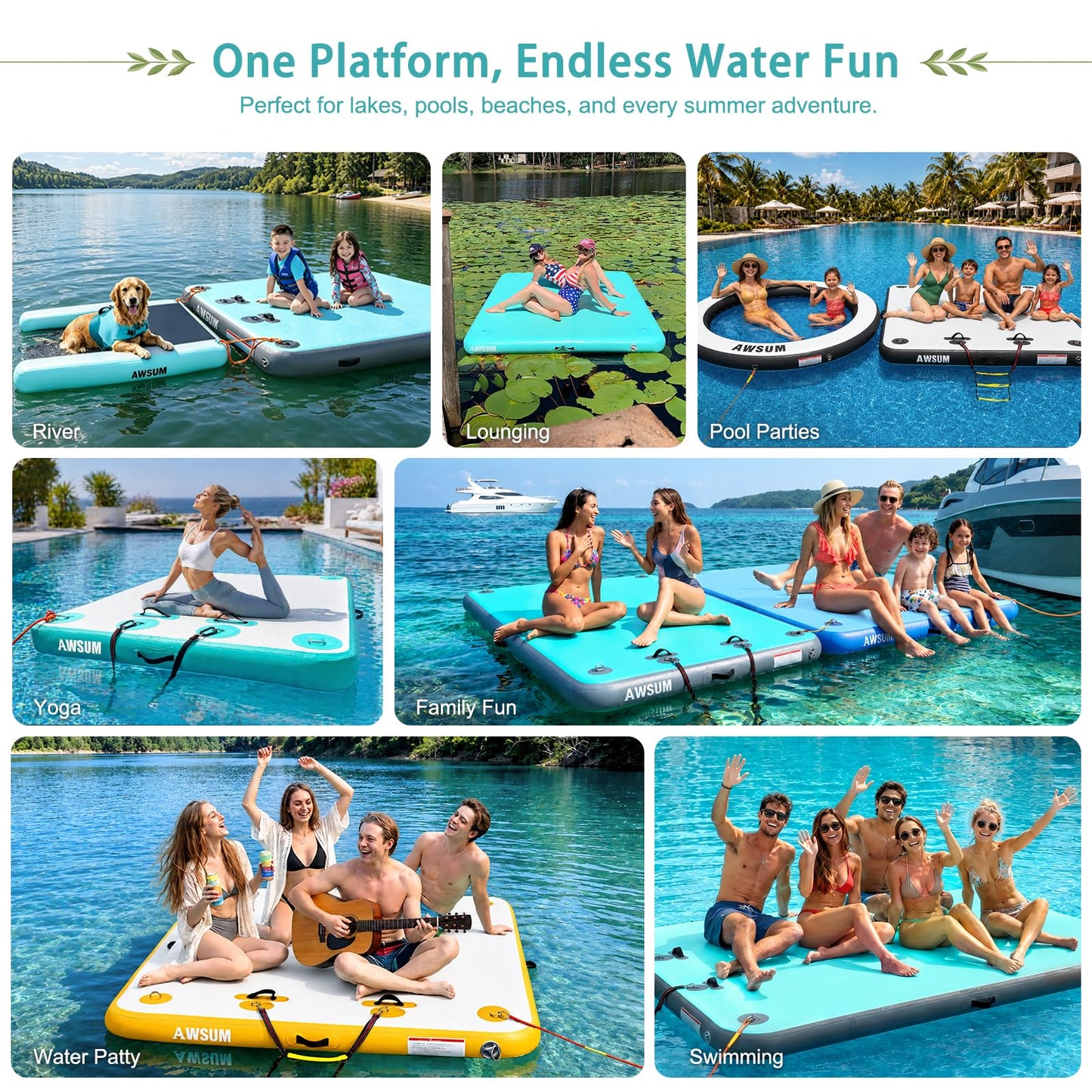 AWSUM Inflatable Floating Dock 8ft – Heavy Duty Floating Platform with Non-Slip Surface for Lake, Beach & Ocean, Inflatable Water Mat Island Raft