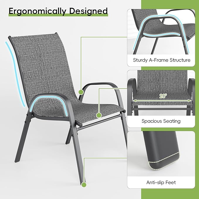 Patio Chairs Set of 2, Outdoor Dining Chairs Stackable for All Weather, Breathable Metal Modern Outside Furniture Chair for Pool Side, Garden, Backyard Deck, Dark Grey