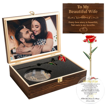 EVA murmure To My Beautiful Wife Women Engraved Wooden Gift Set Includes Crystal Base 24K Gold Dipped Rose for Birthday Gifts & Anniversary