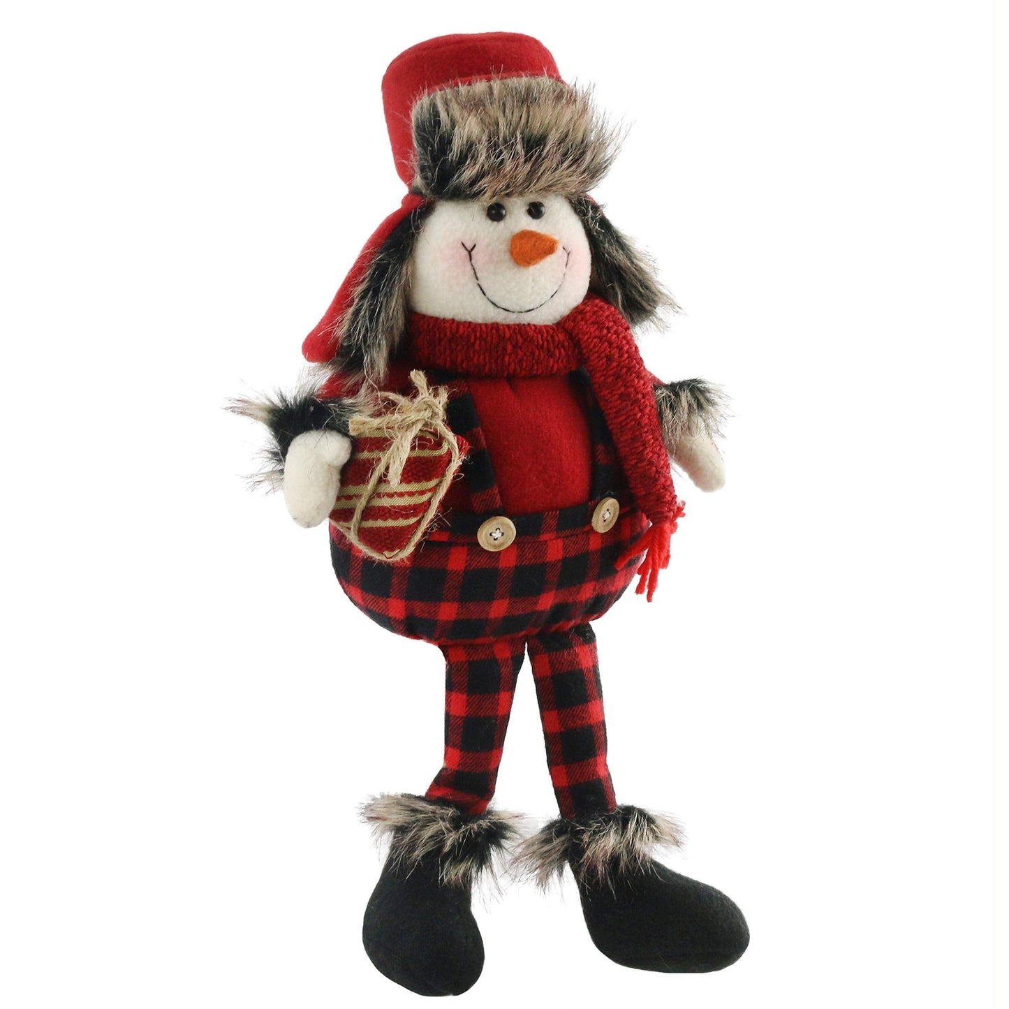 Houwsbaby Christmas Decoration Handmade Plush Snowman Figurines Hold a Gift in Overalls Home Desktop Collectible Stuffed Dolls Holiday Party Supplies Sitting Table Ornament Red 17''