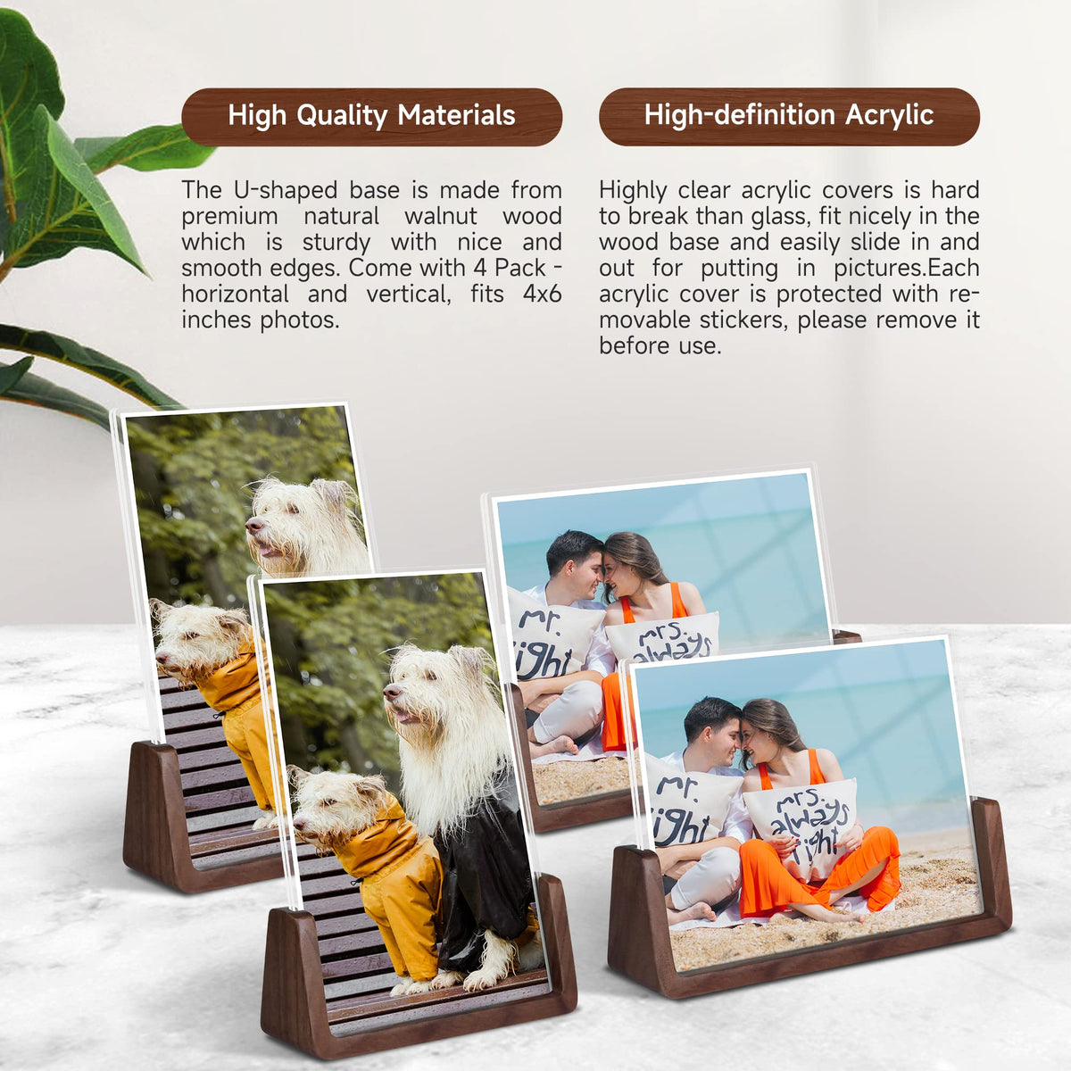 Komimaci 4x6 picture frames, Solid Rustic Wooden Photo Frames with Walnut Wood Base and High Definition Acrylic Glass Covers - 4 Pack for Tabletop or Desktop Display (4x6 inch, 4 Pack)