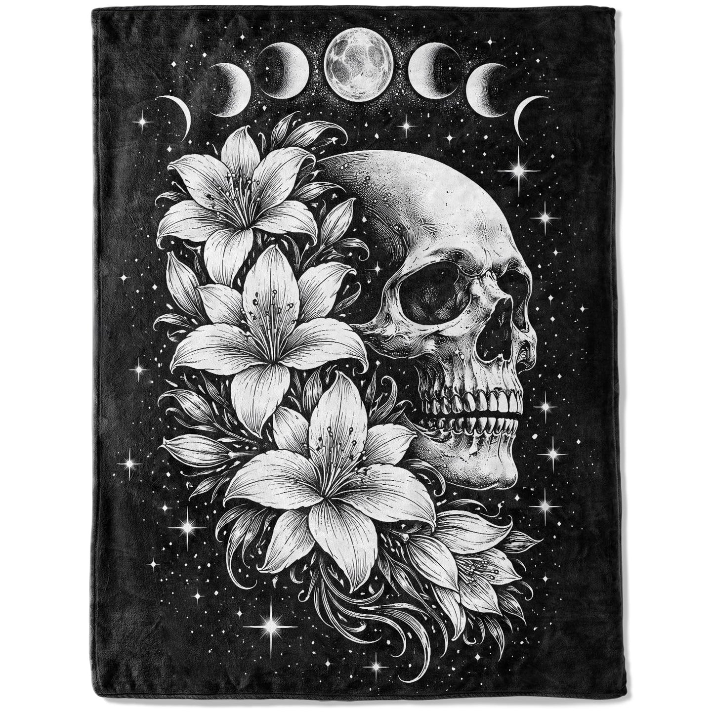 ainori Whimsical Skull Moon Phase Fleece Throw Blanket 50x60 Inch,Gothic Skeleton Floral Decorative Throws,Lightweight Blankets for Bedroom Dorm Meditation Room,Cozy Gifts for Teens Women Goth Lovers
