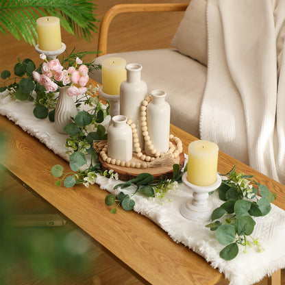 Geelin 6 Pcs Boho Rustic Table Centerpieces, 3 Modern Ceramic Vases, Wooden Slice Tray, Farmhouse Wood Beads Garland with Tassel, Artificial Vines for Dining Home Coffee Table Decor(White)