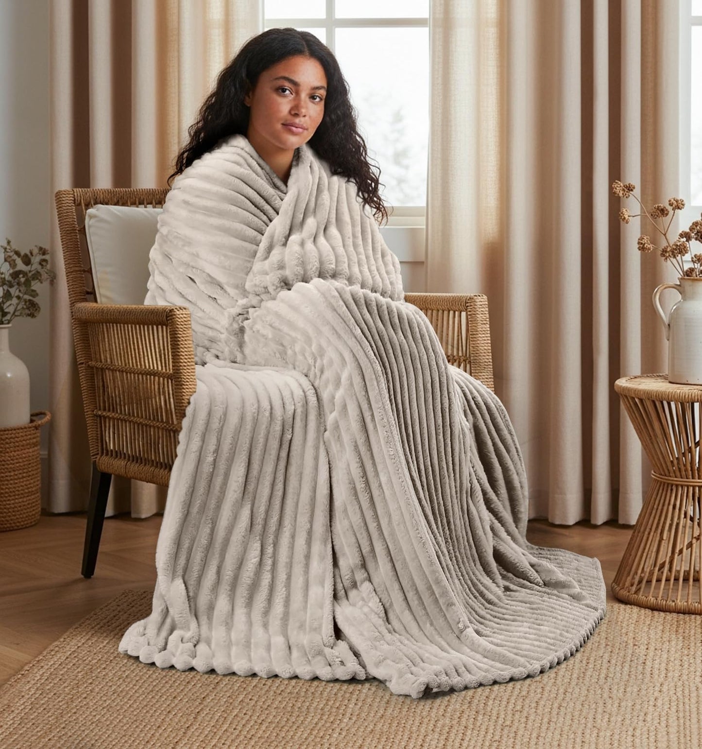 Utopia Bedding Linen Striped Fleece Blanket Throw Size – Fluffy, Warm & Lightweight Ribbed Throw for Bed, Sofa & Chair - Soft Cozy Blanket for Home Décor & Gifting (50x60 Inches)