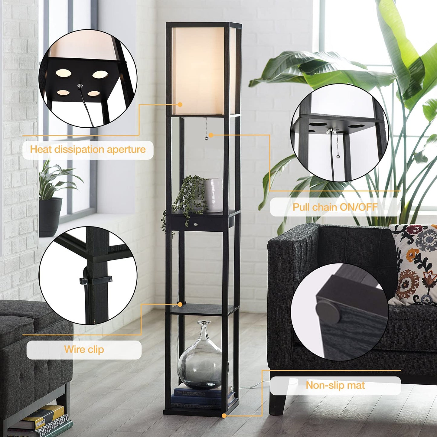 PULUOMIS Floor Lamp with Shelves, 3 Layers Wooden Shelf Standing Light, Modern Reading Lamp for Bedroom, Living Room, Office, Home Decoration (Size:26x 26x 160 cm) (Without Bulb)-Black