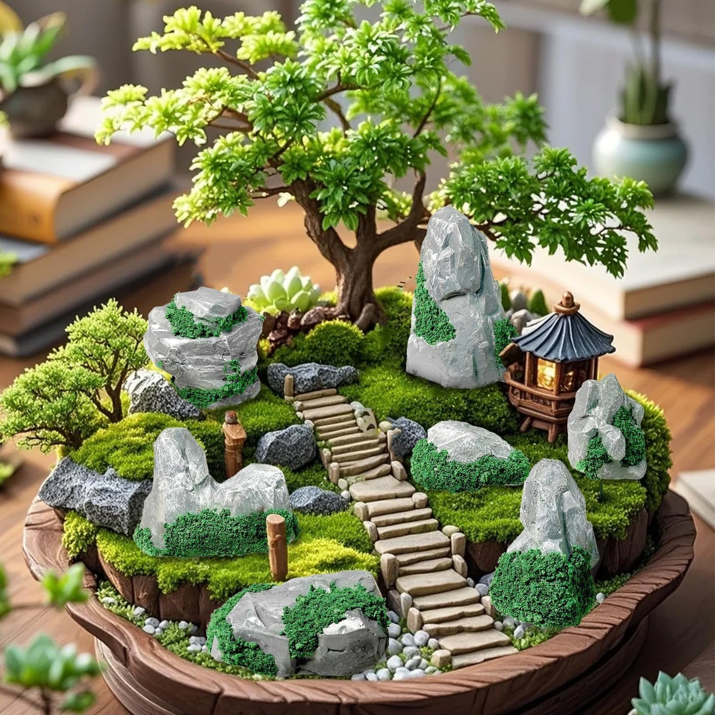 Warmtree 10 Pcs Diorama Rocks Fake Rock Miniature Stone Rock Statue for Diorama Supplies Micro Train Landscape Railway Sand Table Zen Garden Accessories (Green)