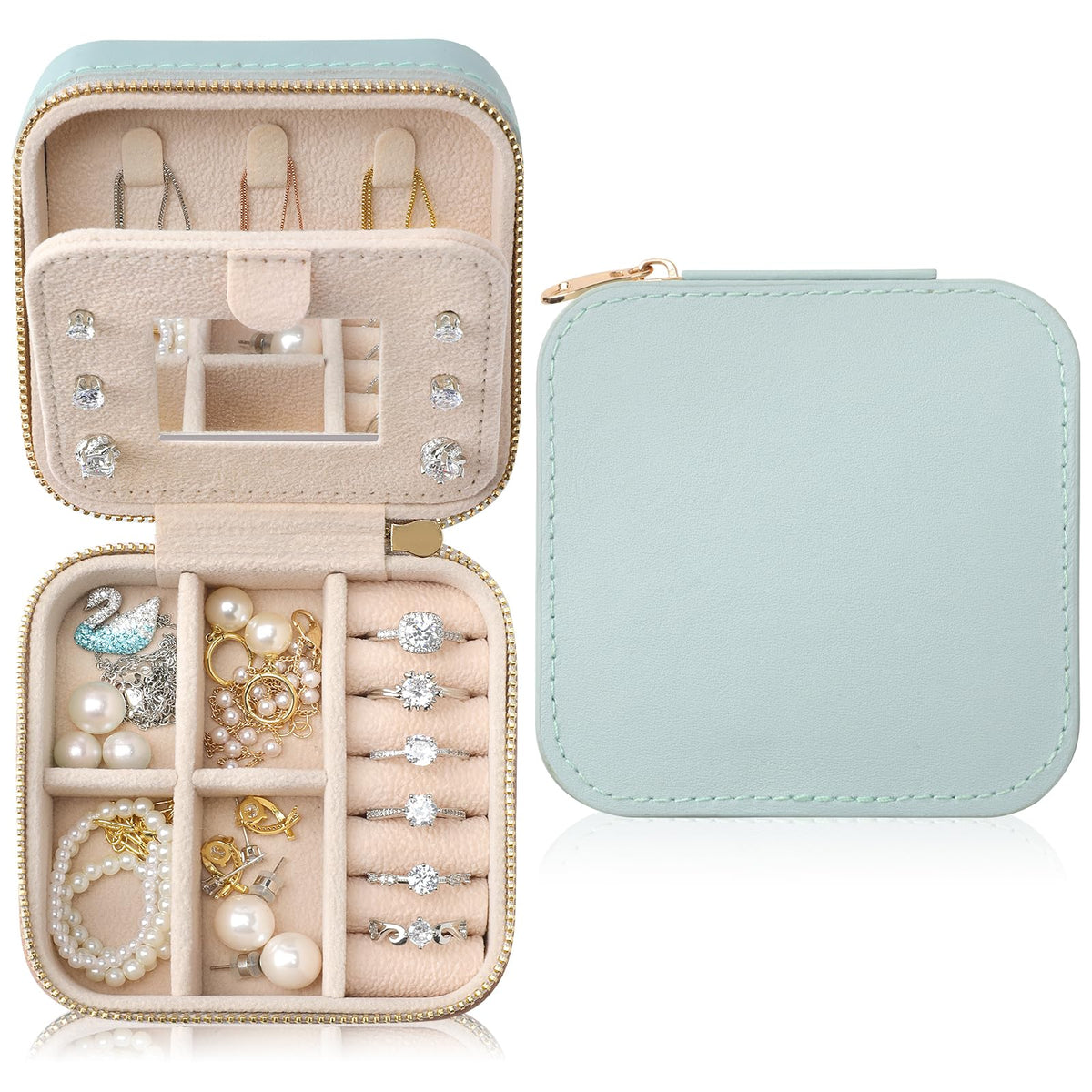NGVRC Genuine Leather Travel Jewelry Case Organizer with Mirror for Women, Small Jewelry Box Portable Mini Jewelry Case for Earring, Ring, Necklace, Bracelet(Cyan)