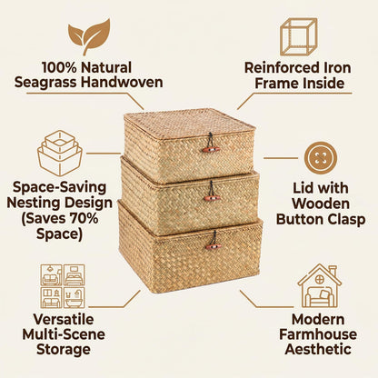 SHEYRAJIIA 3-Pack Cube Seagrass Storage Bins with Lids - Sturdy Reinforced Metal Frame Woven Boxes - Stackable Organizers for Closet, Bathroom & Office Shelf