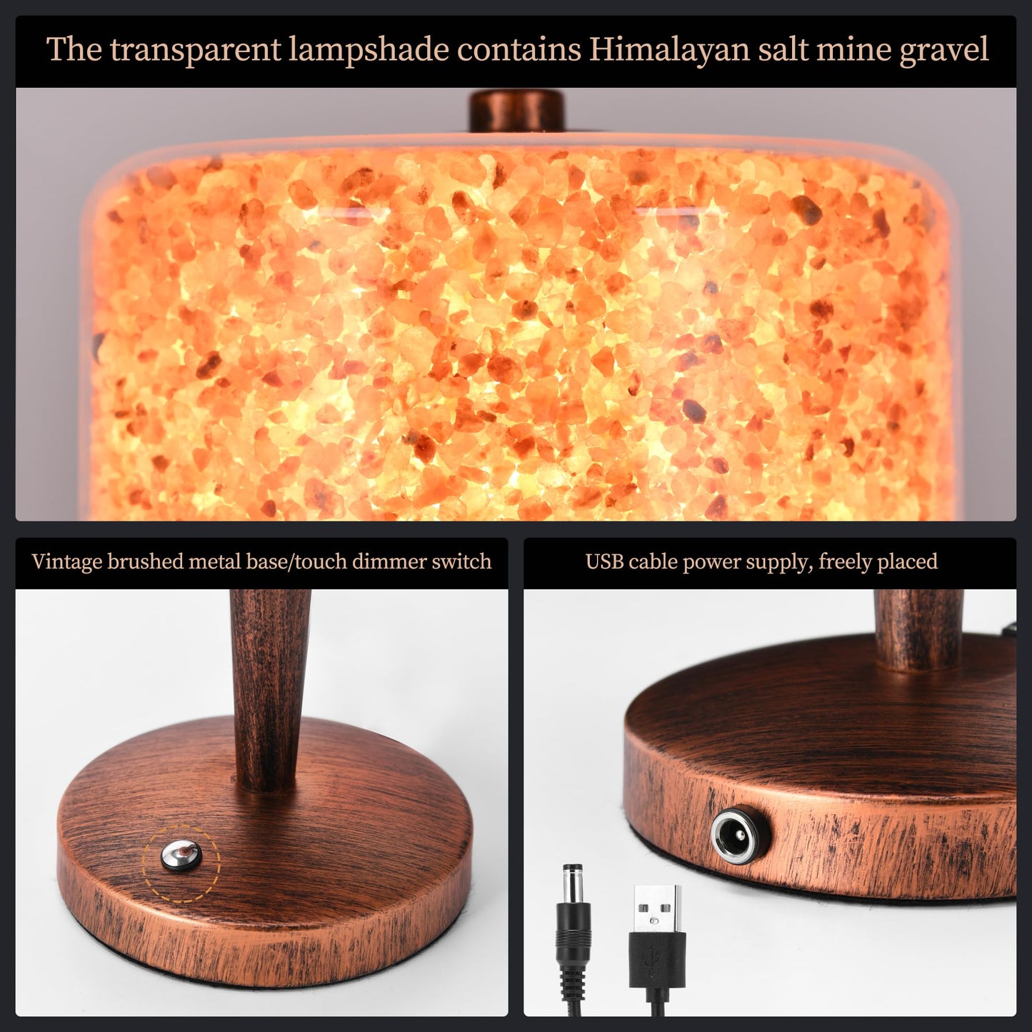 Himalayan Pink Rock Salt Lamp, Touch Control Dimmable Salt Night Light, USB Powered Crystal Salt Lamp, Boho Ambient Table Lamp for Bedroom Nightstand Living Room Home Decor, USB Adapter Excluded