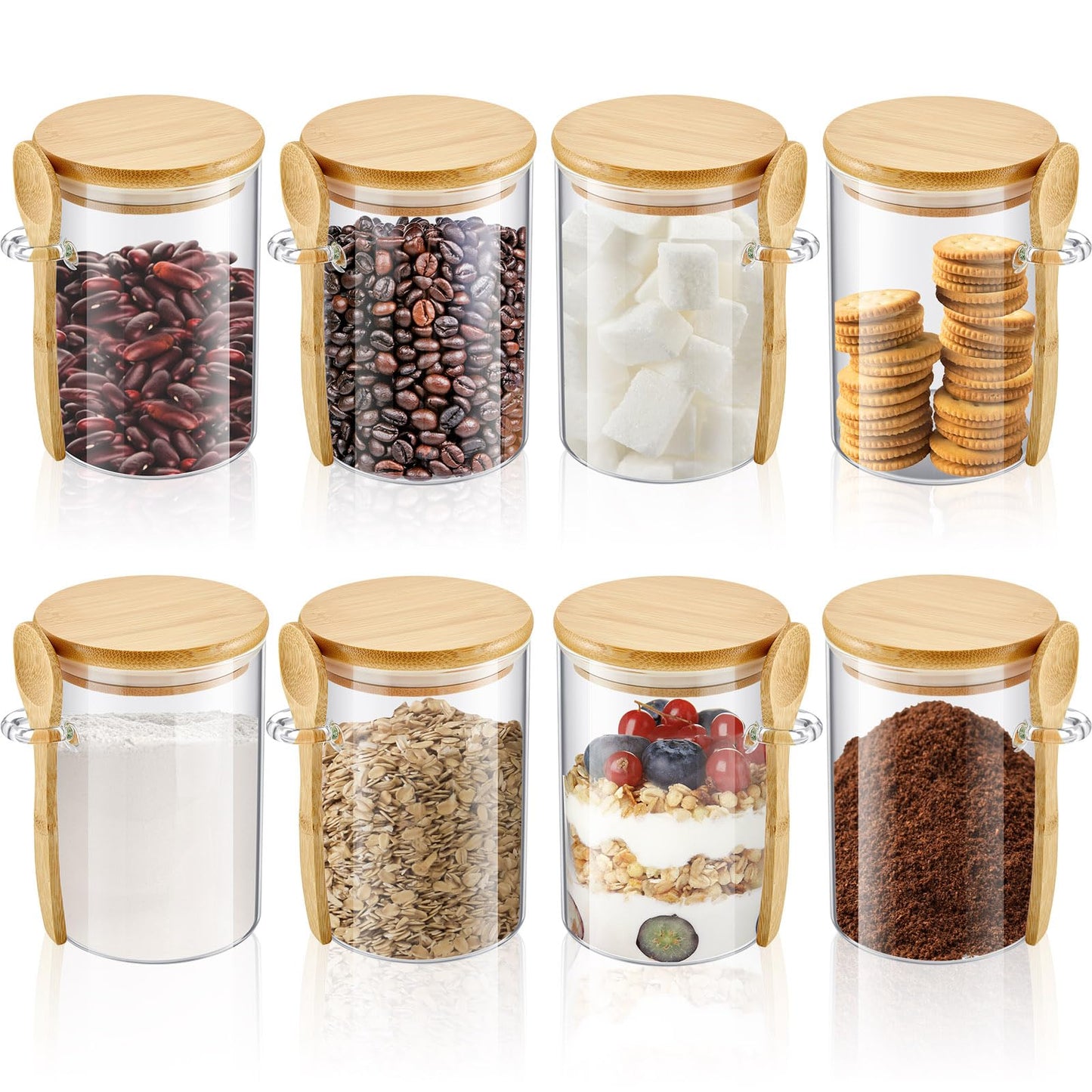 Tessco for you 8 Pack Sugar Jar Glass Container with Spoon Clear Glass Jars with Bamboo Lid and Spoon Scoop for Women Christmas Kitchen Gift Coffee Beans, Spice, Sugar, Nuts, Candy, Salts (17 oz)