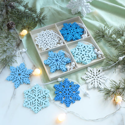 16Pieces Blue Snowflakes Ornaments 3inch Wooden Snowflake Christmas Tree Ornament for Winter Wonderland Christmas Decoration DIY Crafts 8 Styles