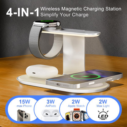 4-in-1 for Magsafe Wireless Charging: 15W Qi Magnetic Fast Charger Station Pad with Night Light for iPhone 17 16 15 14 13 12 Pro Max-for Apple Watch and AirPods Series-Desk Nightstand Bedside, Silver