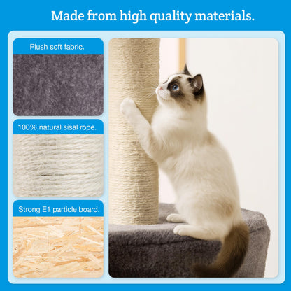 Milo & Misty Cat Tree – 146cm Play Cat Tower with Sisal Scratching Posts for Indoor Kittens, Multi Level House, Large Climbing Frame with House, Ladder and Hammock – Grey
