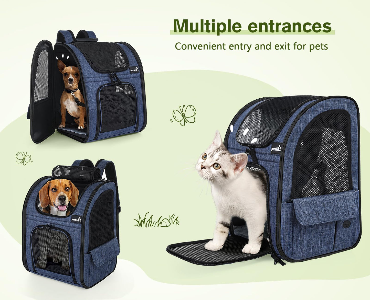 pecute Cat Carrier Dog Backpack Expandable, Portable Breathable Rucksack with Front Opening-Mesh Window-Pockets, Extendable Back More Space Great For Carrying Puppy Dogs Cats Up to 8KG(Blue)