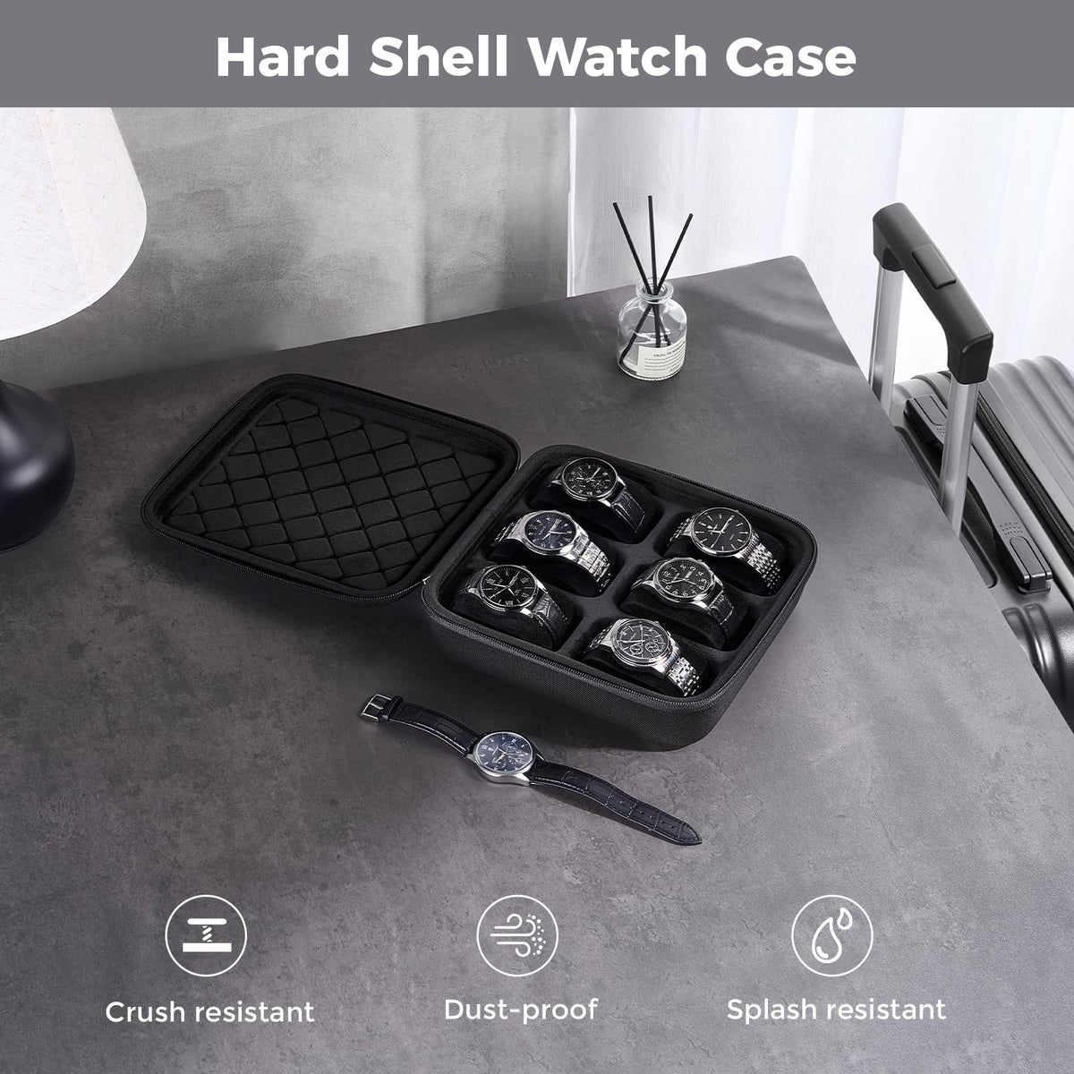 ProCase Travel Watch Case, 6 Slots Hard Shell Storage Box for Watch Bracelet Accessories, Zippered Organizer Bag Valentine's Gift for Women Men -Black