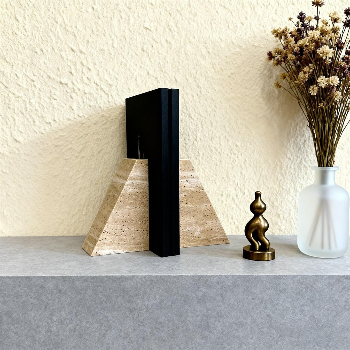 1 Piece Modern Travertine Bookend, Trapezoidal Design, Natural Stone Book Holders for Desk and Shelf (Trapezoidal - 1 piece)