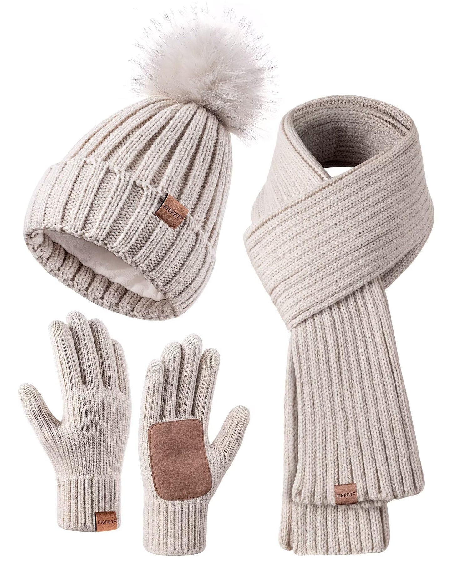 Winter Beanie Hat Scarf Gloves Set for Women, Winter Hats for Women Fleece Lined with Pom Pom Neck Warmer Touchscreen Gloves 3 in 1 Cold Weather Set, Stocking Stuffers Gifts for Mom Her(Oatmeal)
