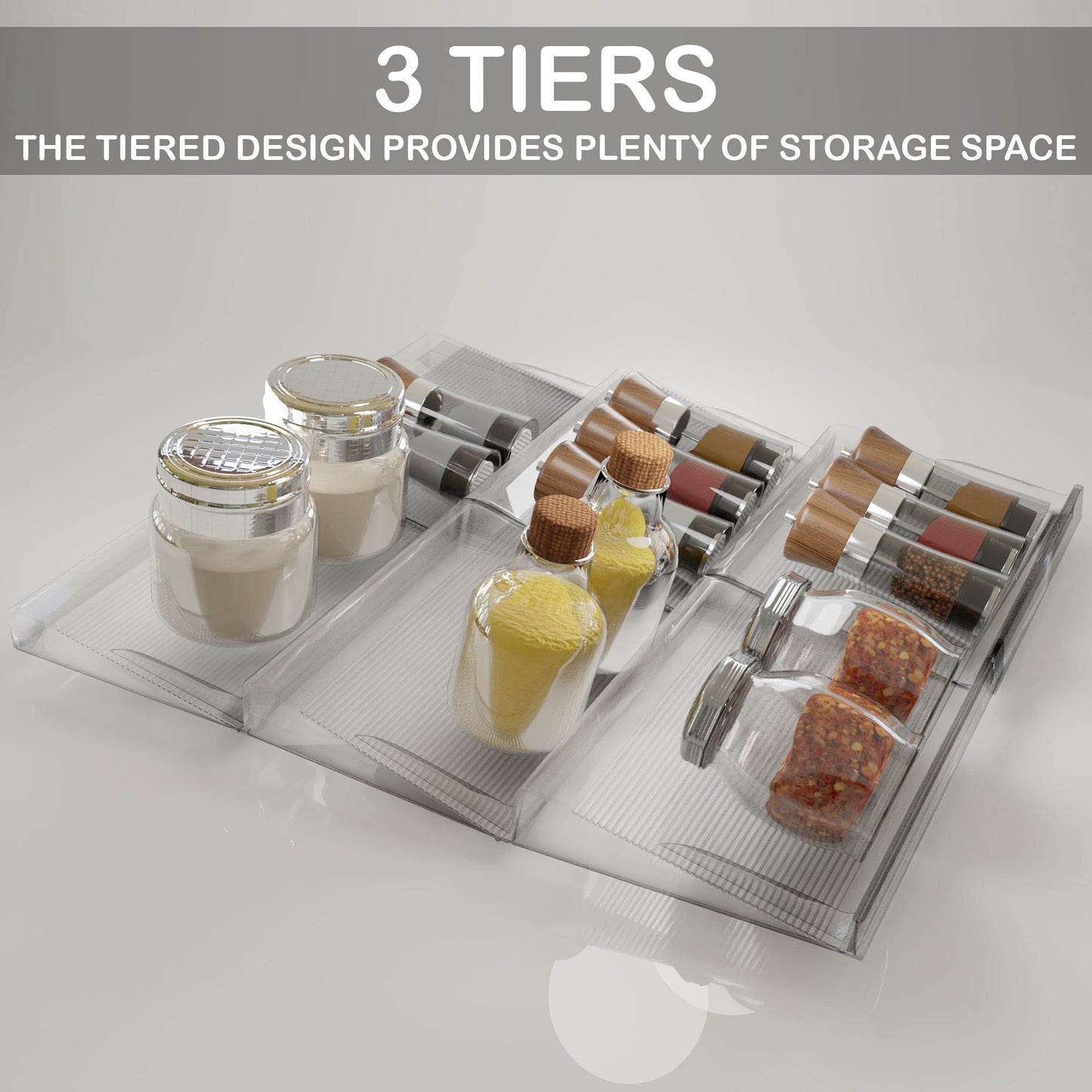 BaHoki Essentials 3 Tier Spice Rack- Kitchen Drawer Organizer - Clear Plastic Storage Rack for Kitchen Pantry - Perfect for Salt, Pepper, Spices and Seasonings