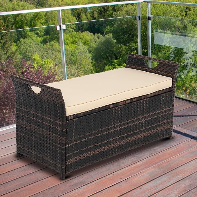 VINGLI 40 Gallon Outdoor Rattan Deck Box w/Cushion, Patio Wicker Storage Box, Garden Deck Storage Bin for Garden, Balcony, Porch, Pool, Yard, Brown