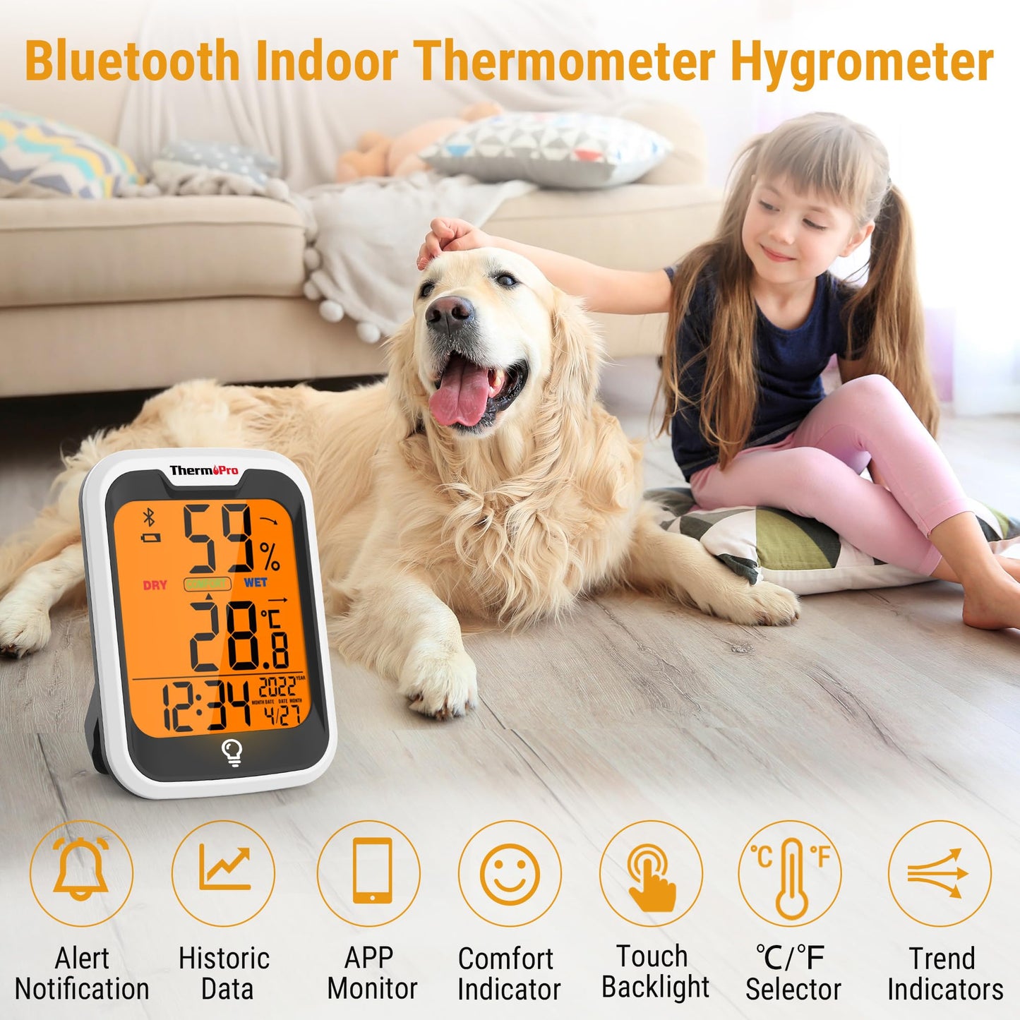 ThermoPro TP358 Bluetooth Hygrometer Room Thermometer with Built-in Clock, Swiss-made Sensor Indoor Thermometer with Backlit and Notification Alert Ideal for Baby Room, Greenhouse, Office and Cellar