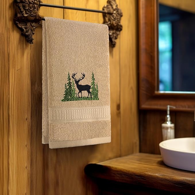 3 Pcs Farmhouse Cabin Bear Hand Towels Forest Moose Deer Embroidered Rustic
