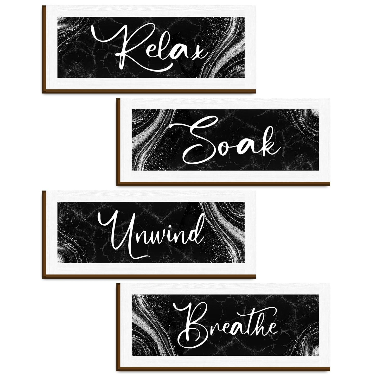 Bathroom Wall Decor 4 Pieces - Modern Marble Relax Soak Unwind Breathe Signs - Elegant Spa Bathroom Wall Art - Minimalist Wooden Plaque Set for Bathtub Home Decor Housewarming Gift