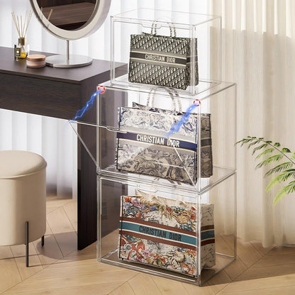 Extra Large Clear Acrylic Display Case with Magnetic Door Jumbo Storage Bin for Shoes, Boots, Handbags, Legos, Figures | Dust-Proof Stackable Organizer Box for Collectibles & Sports Gear