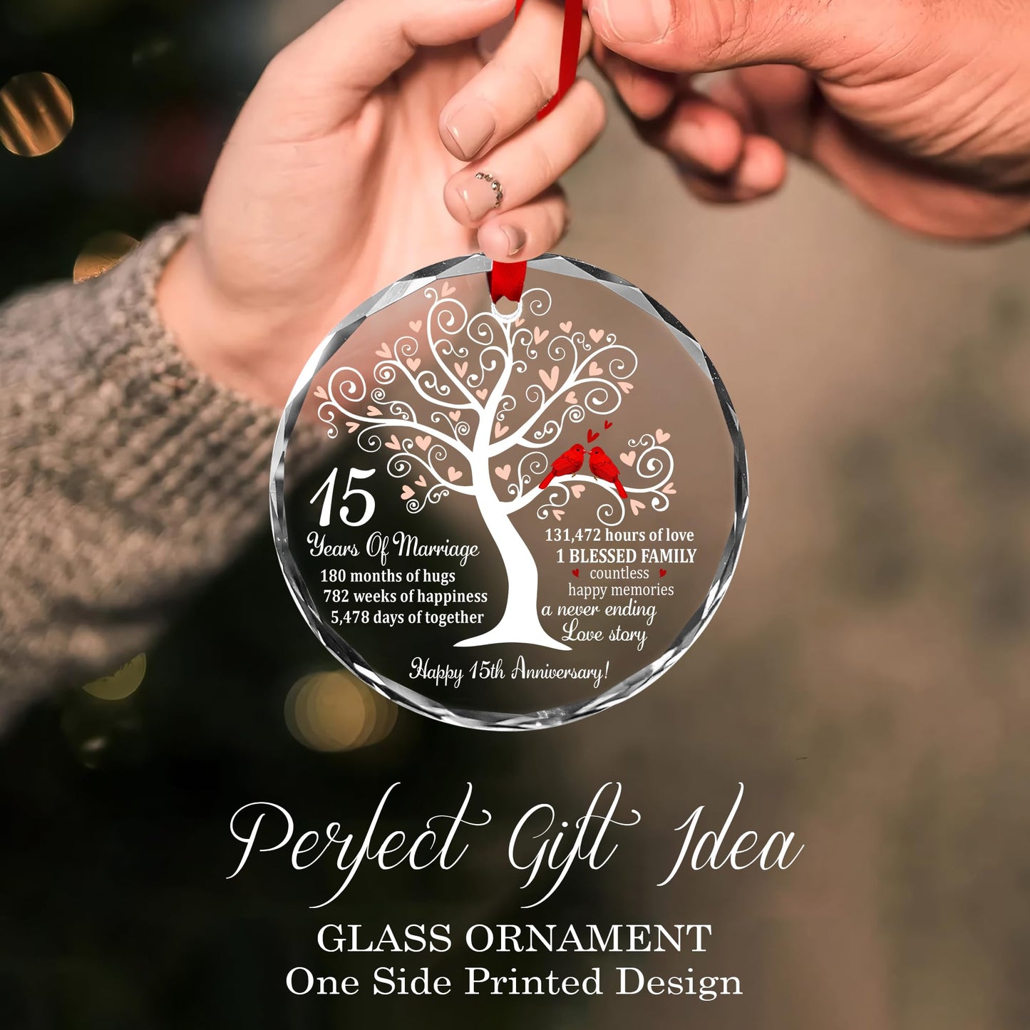 Bozspacer 15th Wedding Anniversary Ornament for Parents Couple Wife Husband - Crystal Anniversary Wedding Gift Ideas - Christmas Glass Ornament for 15 Years Marriage