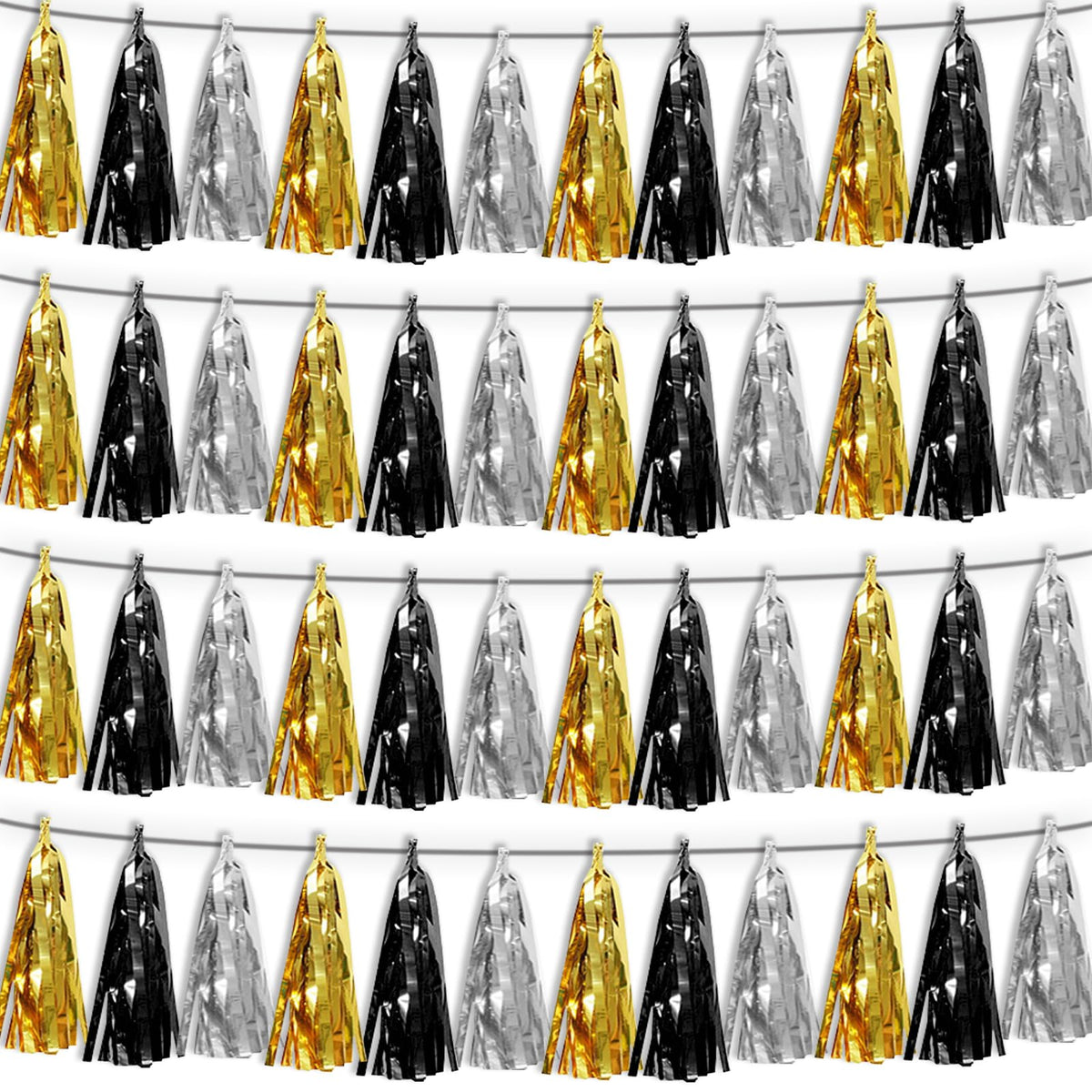 4P Black Gold Silver Tassel Banner Garland Metallic Foil Fringe Banner Tinsel Tassels Streamer Banner Backdrop for Parade Floats, 2025 Graduation Decorations, New Years Decorations,Father' Day