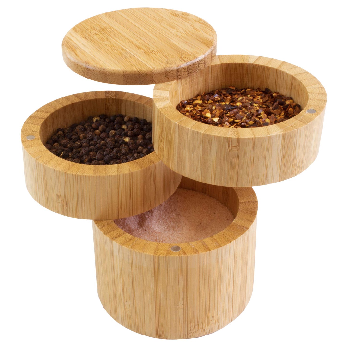 Totally Bamboo Triple Salt Cellar, 3 Tier Bamboo Salt and Pepper Container with Magnetic Swivel Lids, Seasoning Box for Herbs and Spices, 1⅓ Cup