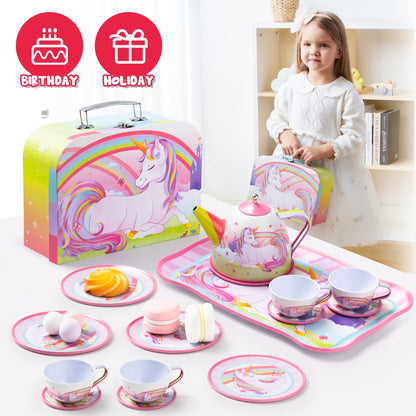 JOYIN Unicorn Tea Party Set for Little Girls, Pretend Pink Tin Teapot Set, Princess Tea Time Play Kitchen Toy with Teapot, Cup, Plate, Carrying Case for Kids Toddlers Age 3 4 5 6, Easter Birthday Gift